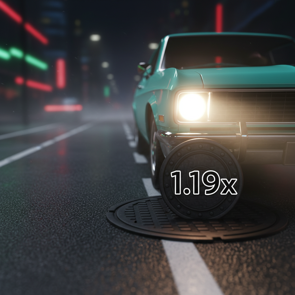 L'automobile di colore turchese con paraurti cromato che emerge dalla destra dell'area di gioco di Chicken Road 2, rappresentando il pericolo nella corsia 6 vicino al moltiplicatore massimo 1.19x