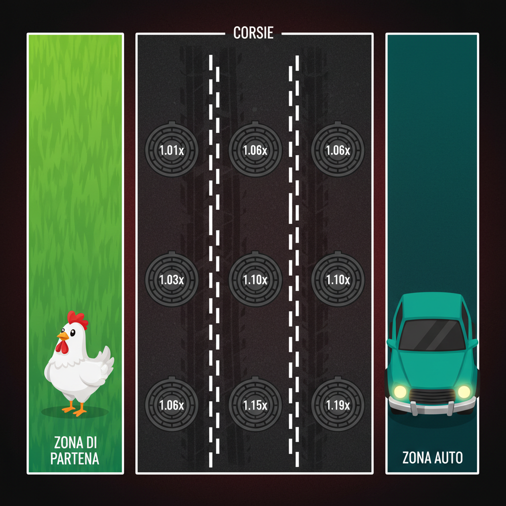 Diagramma del layout di gioco di Chicken Road 2 con etichette: zona di partenza verde a sinistra dove attende il pollo, sei corsie asfaltate centrali con i tombini dei moltiplicatori e la zona destra da cui arrivano le automobili pericolose