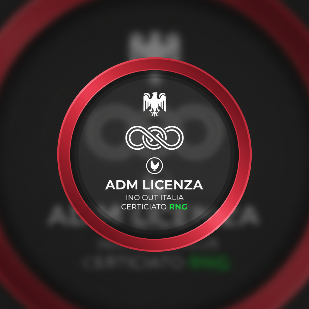 Badge ufficiale della licenza ADM (Agenzia delle Dogane e dei Monopoli) associata a InOut, con simbolo di certificazione per il mercato italiano del gioco d'azzardo online e indicazione della conformità agli standard RNG