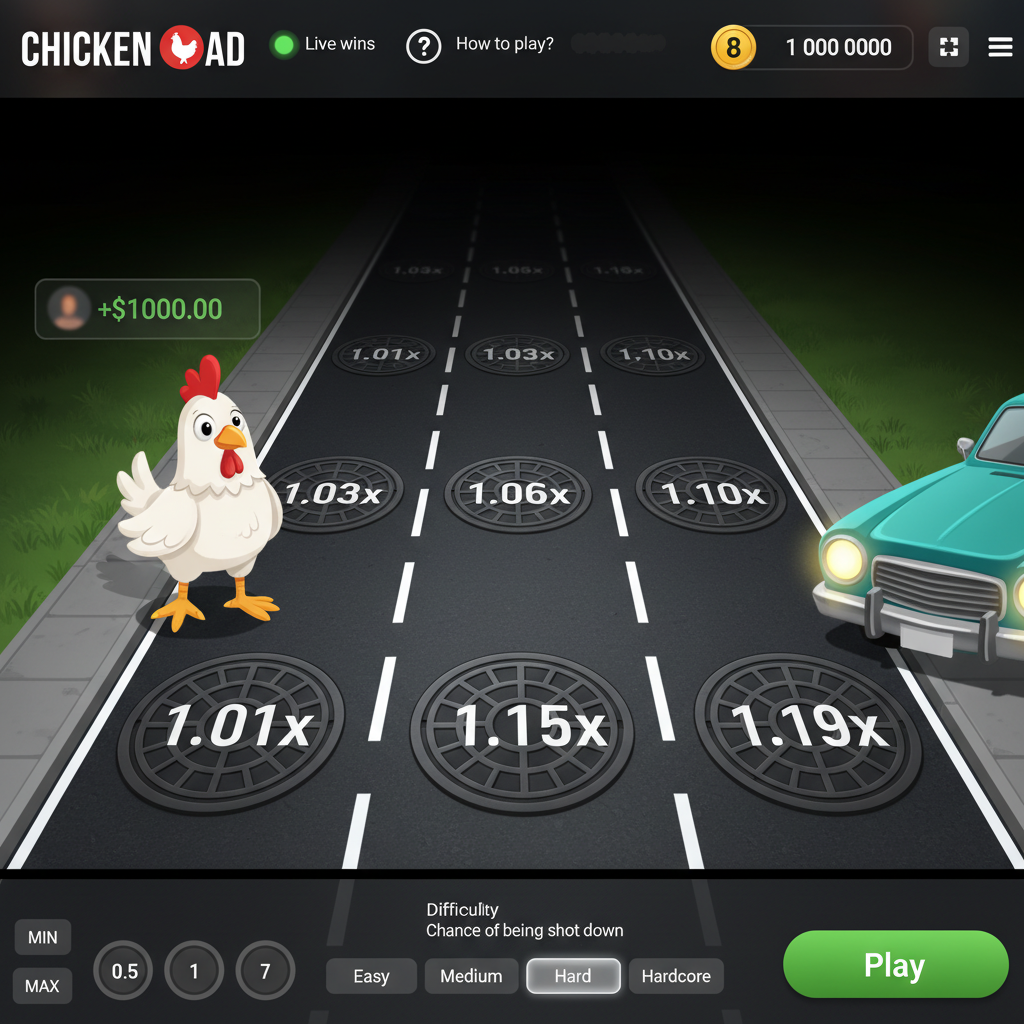 Screenshot del gioco Chicken Road 2 di InOut: pollo bianco sulla strada con tombini moltiplicatori e pannello di controllo